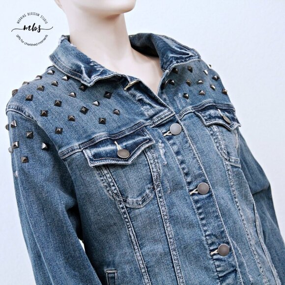Torrid AC/DC Stud Distressed Denim Jacket Blue White Women Plus Size 2 - Picture 9 of 15